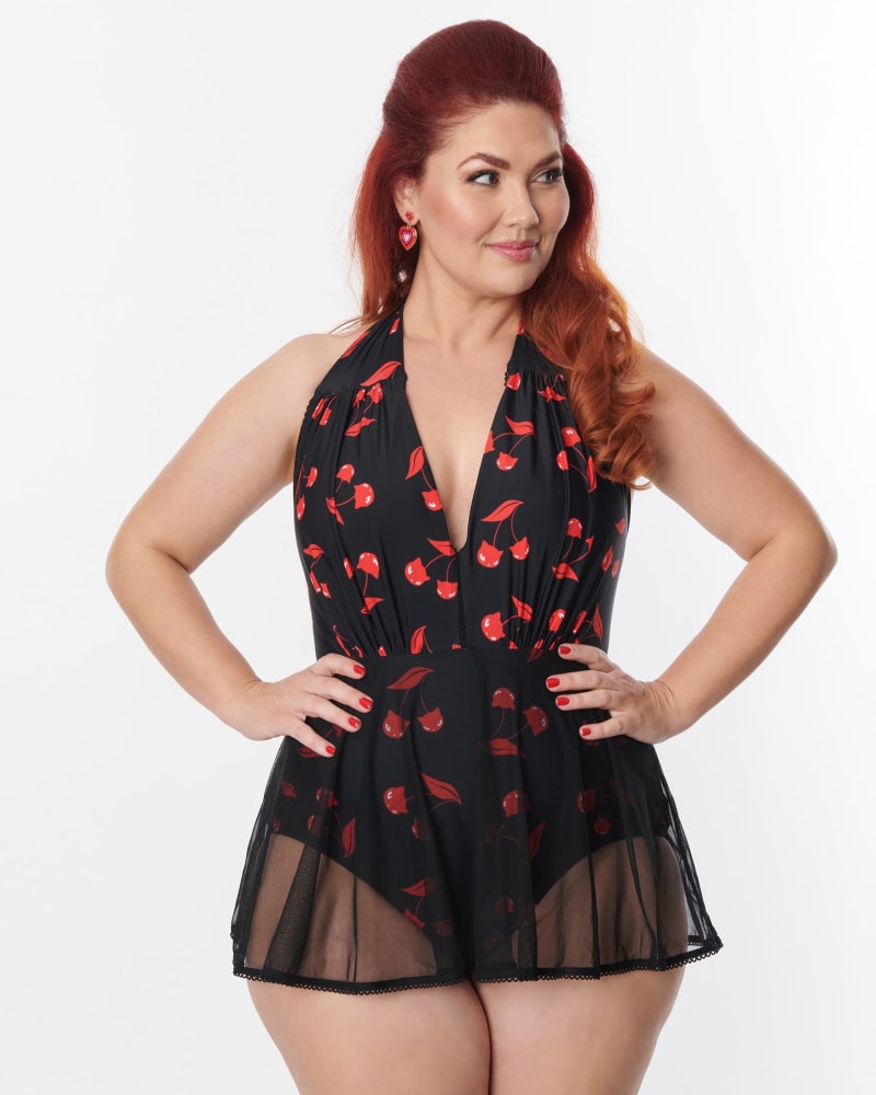 Emily The Strange x Unique Vintage Black & Red Cherry Cats Skirted Wen